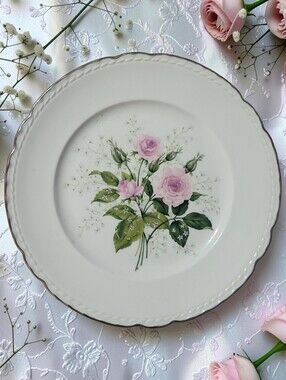 Vtg Dinner Plate EMB7 by Embassy (American) 10 3/8" Platinum Roses Scalloped Rim